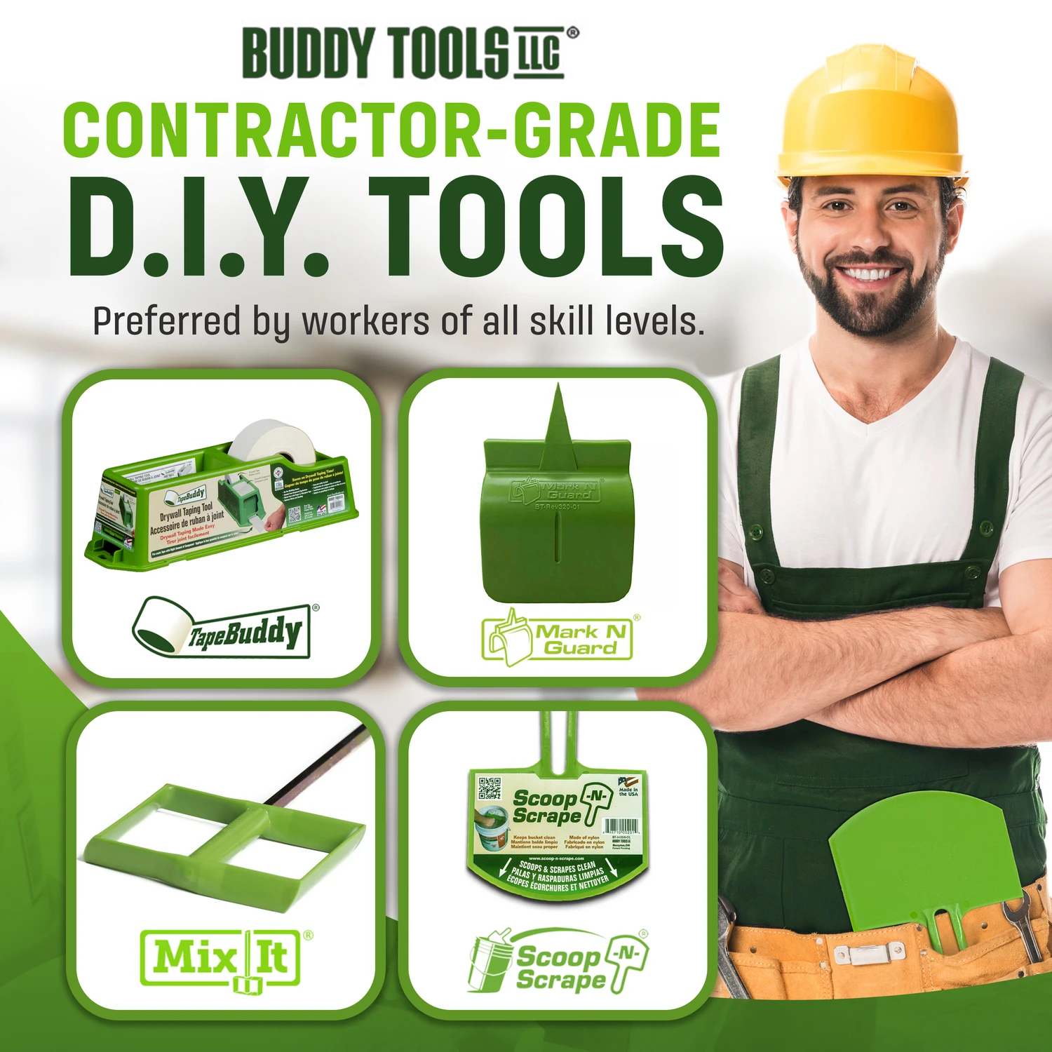 Buddy Tools 6 in 1 Drywall Set Includes Drywall Taper, Taping Knife, Mud  Mixer, Outlet Locator and Bucket Scraper 